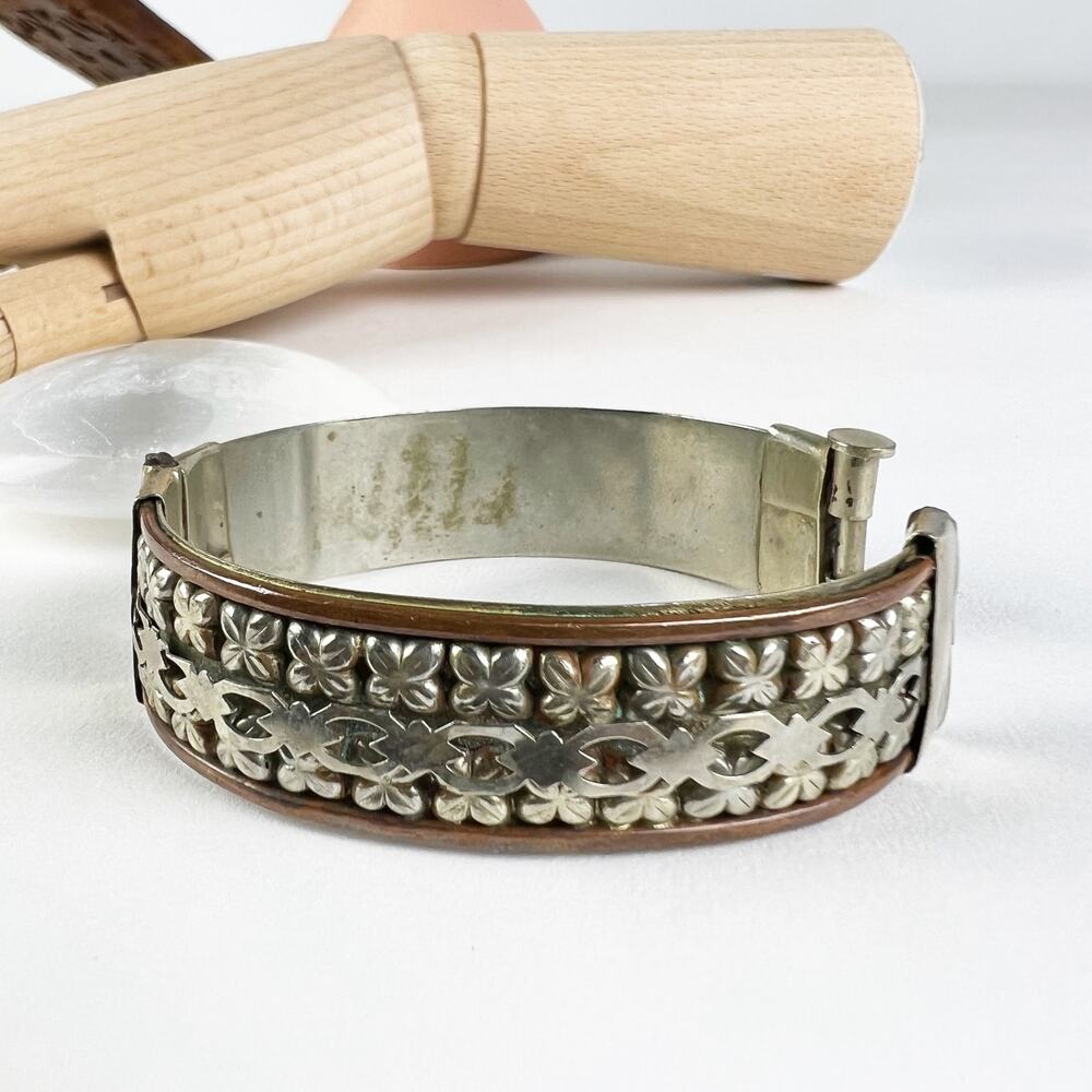 Silver and brass hinge bangle bracelet